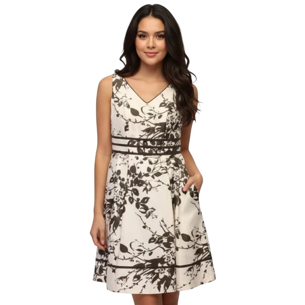 Dressbarn Dress Brown Floral Print Fit Flare Sleeveless‎ V-Neck Women Size 4